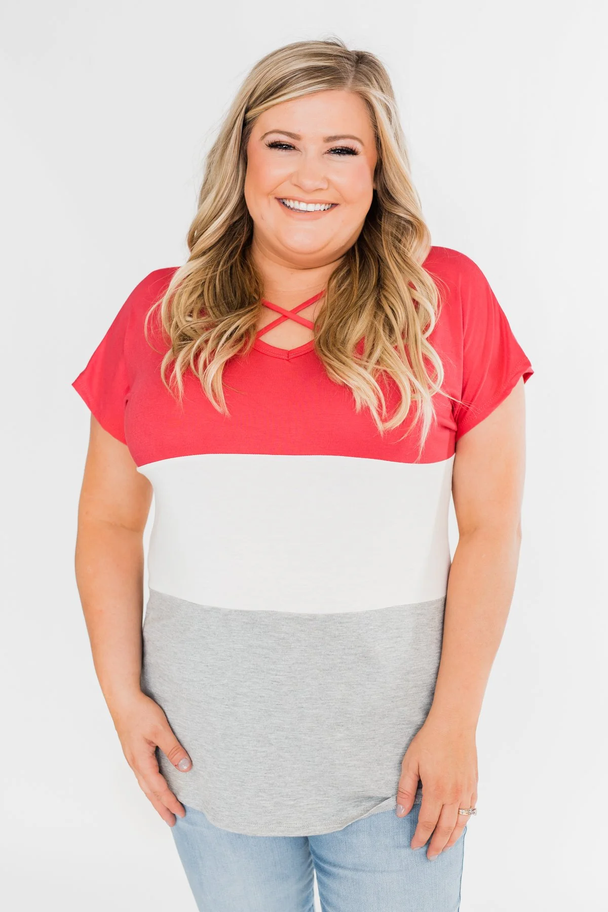 Right Here Criss Cross Color Block Top- Deep Coral - Image 2