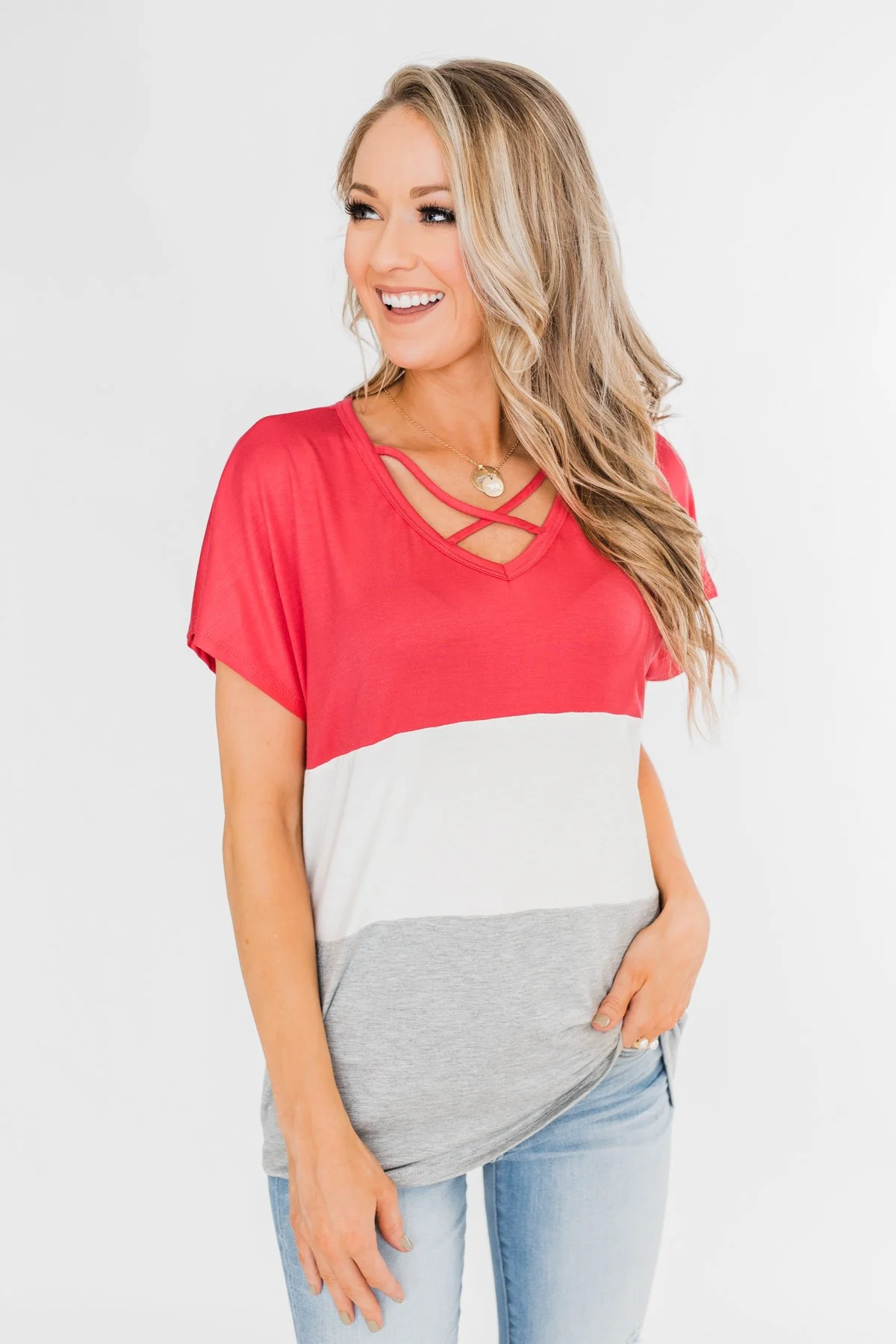 Right Here Criss Cross Color Block Top- Deep Coral - Image 3