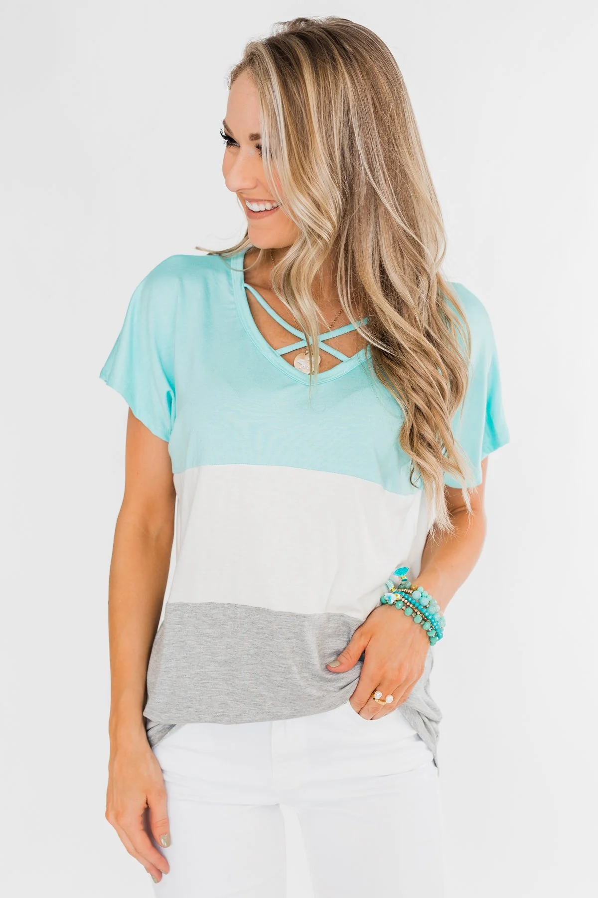 Right Here Criss Cross Color Block Top- Aqua - Image 4