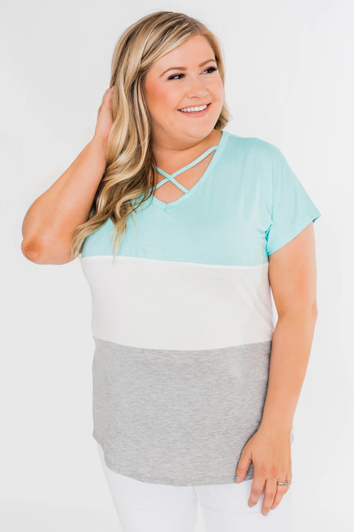Right Here Criss Cross Color Block Top- Aqua - Image 7