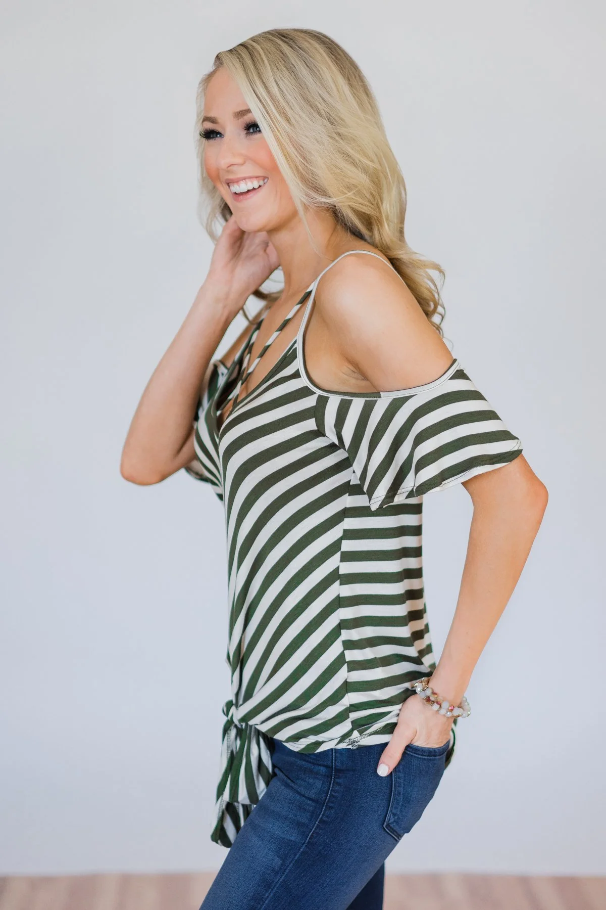 Right on Time Striped Cold Shoulder Top- Olive - Image 7