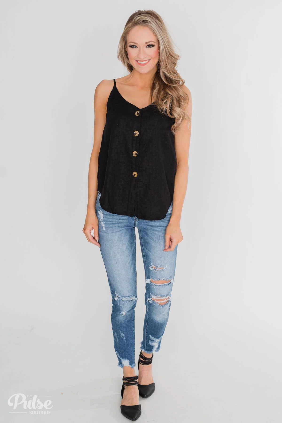 Right This Way Button Tank Top- Black - Image 2