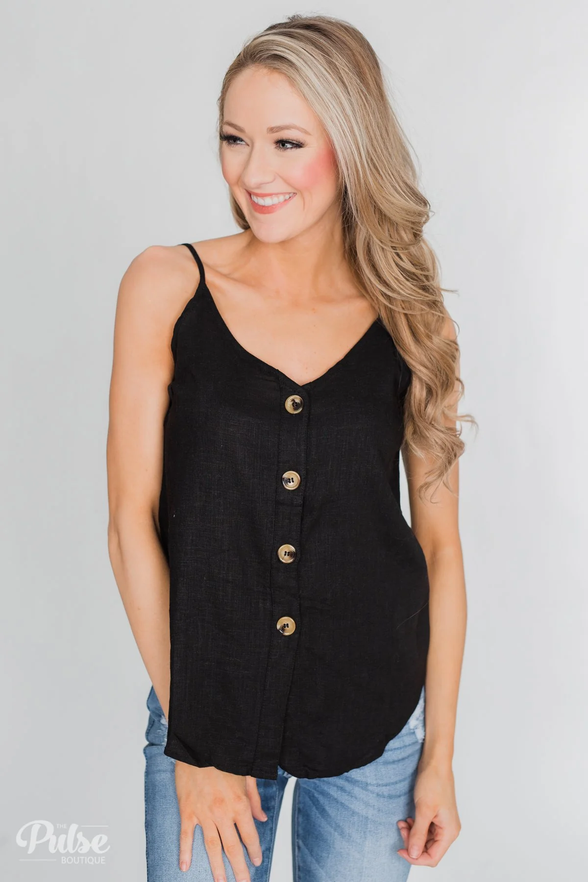 Right This Way Button Tank Top- Black - Image 4