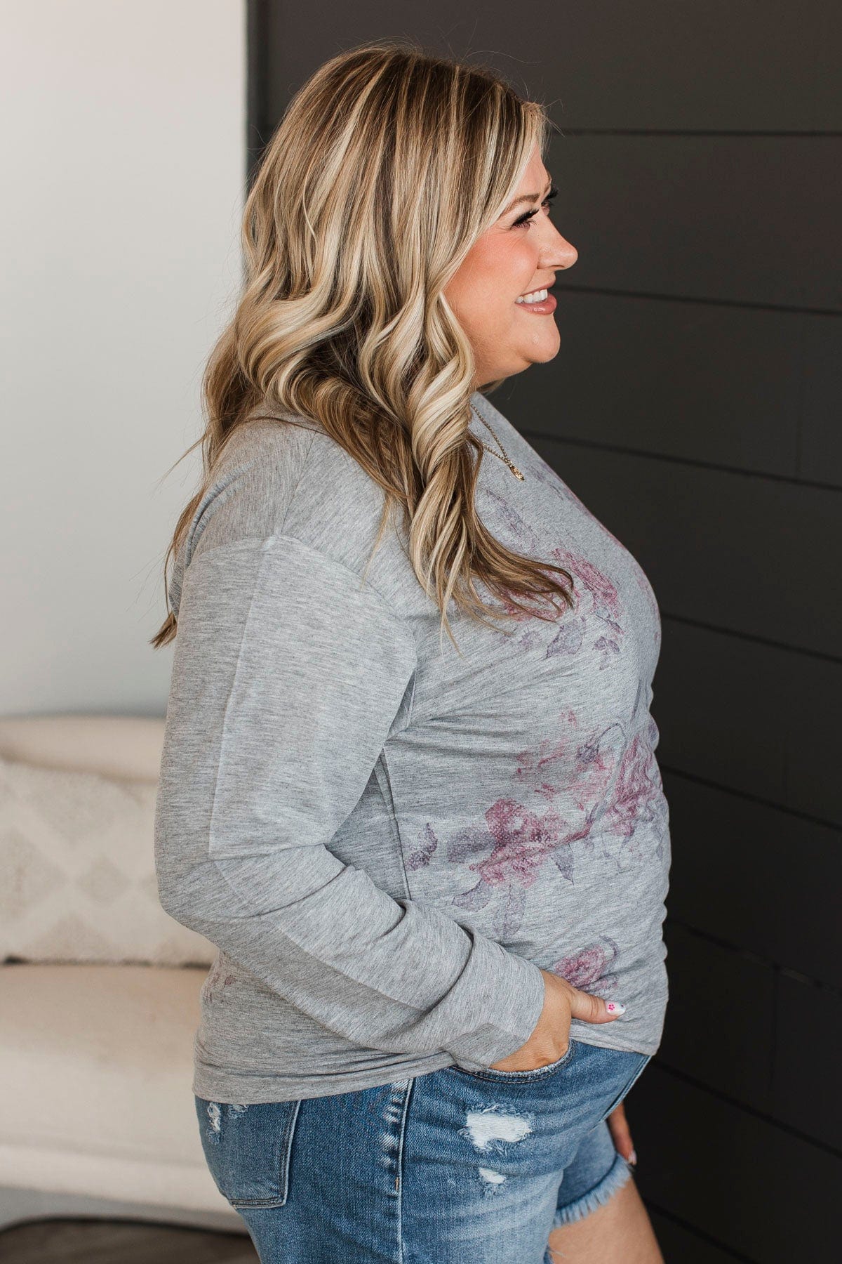 Ring It In Long Sleeve Floral Top- Heather Grey - Image 6