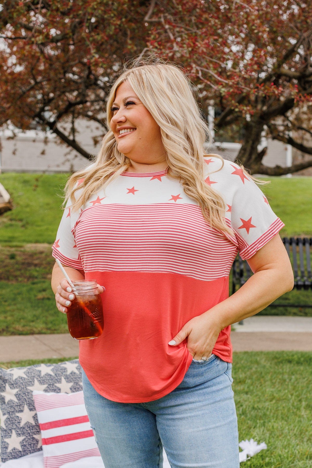 Ringing Freedom Color Block Top- Hot Coral - Image 6