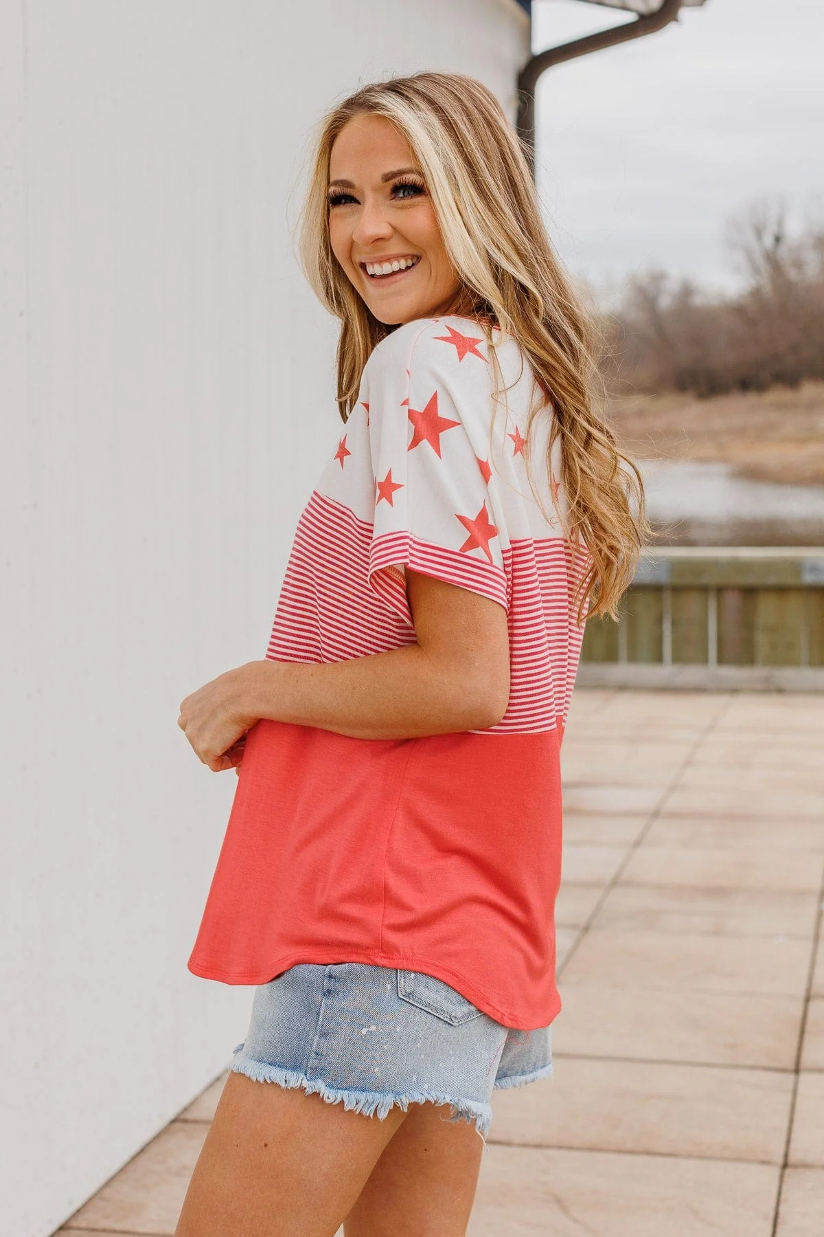 Ringing Freedom Color Block Top- Hot Coral - Image 7