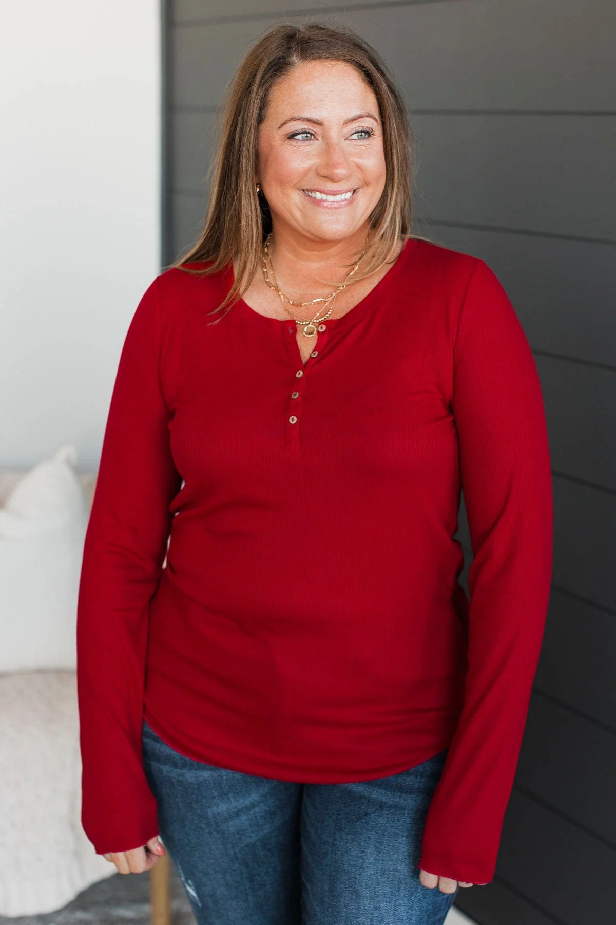 Rise To The Top Knit Henley Top- Red - Image 2