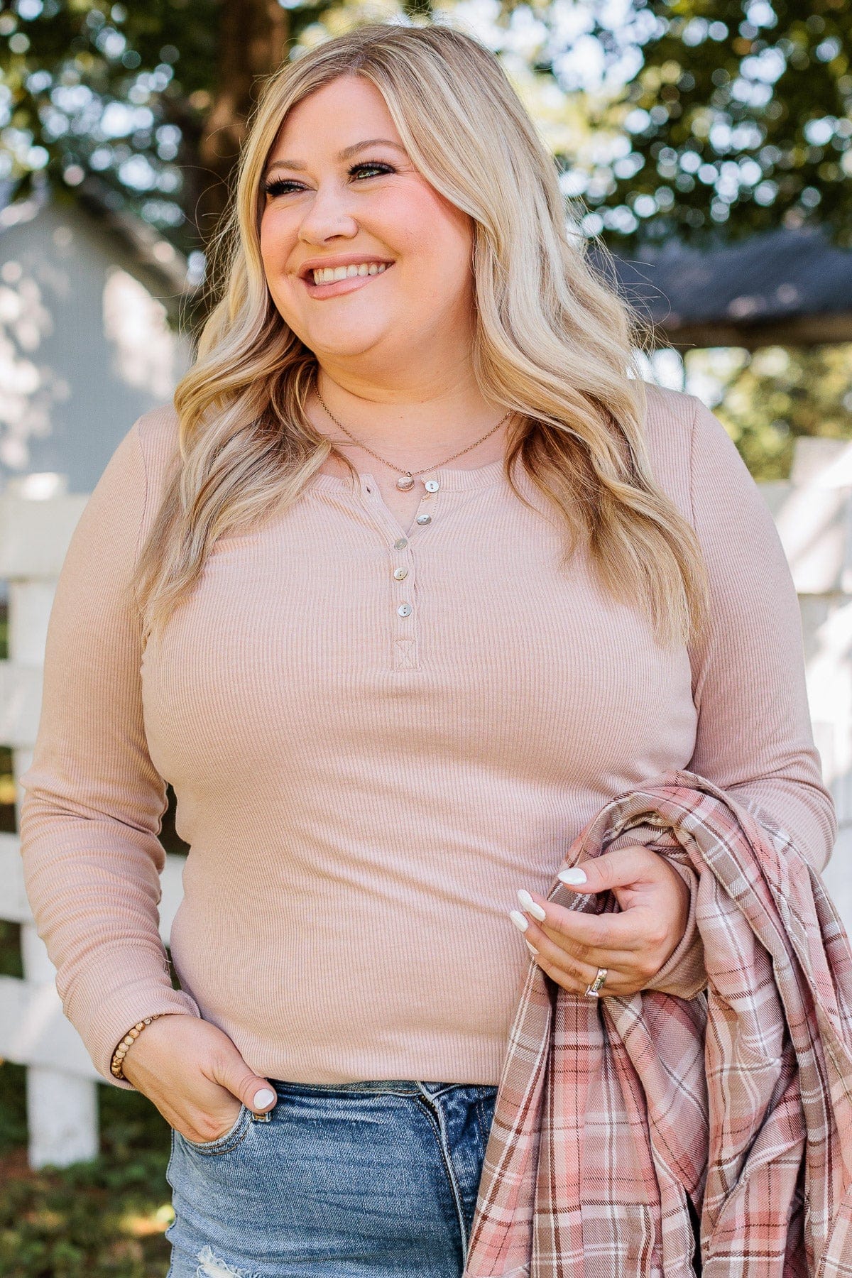 Rise To The Top Long Sleeve Henley Top- Beige - Image 8