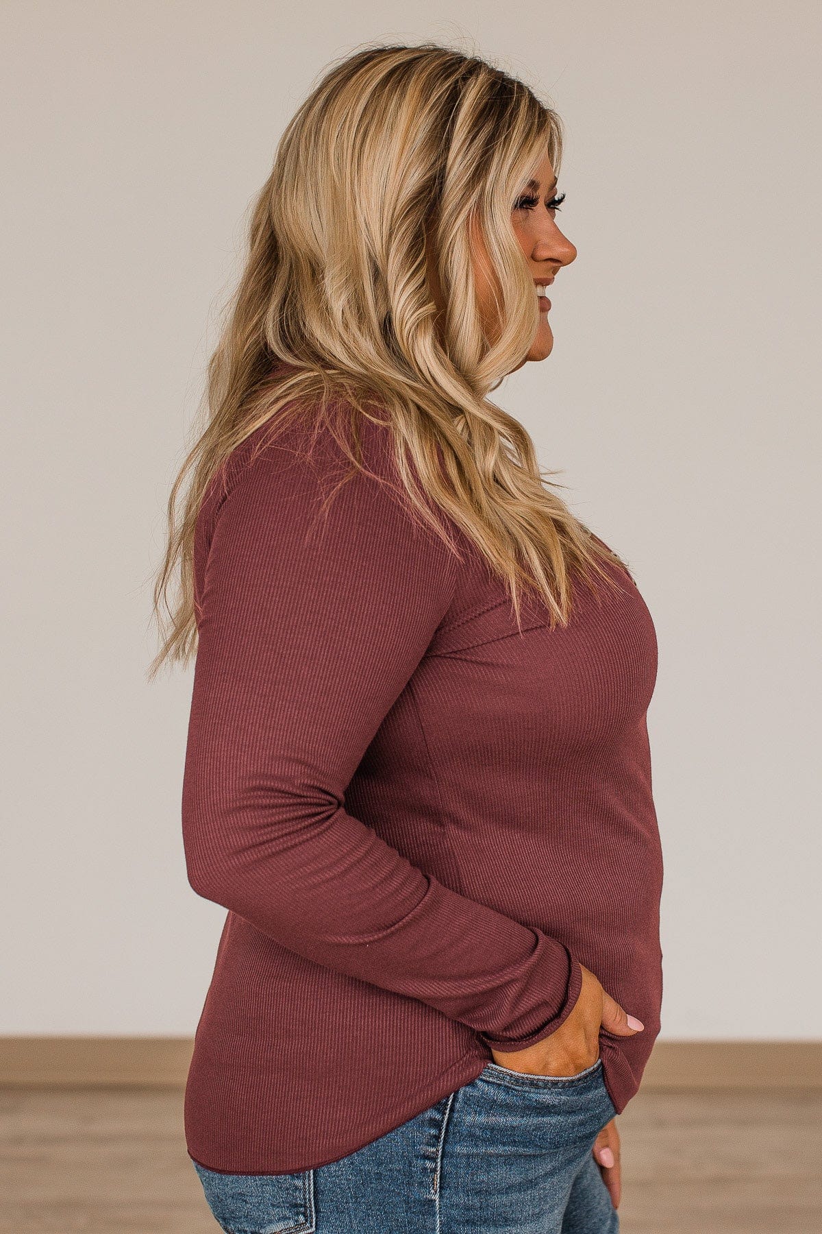 Rise To The Top Long Sleeve Henley Top- Brick - Image 11