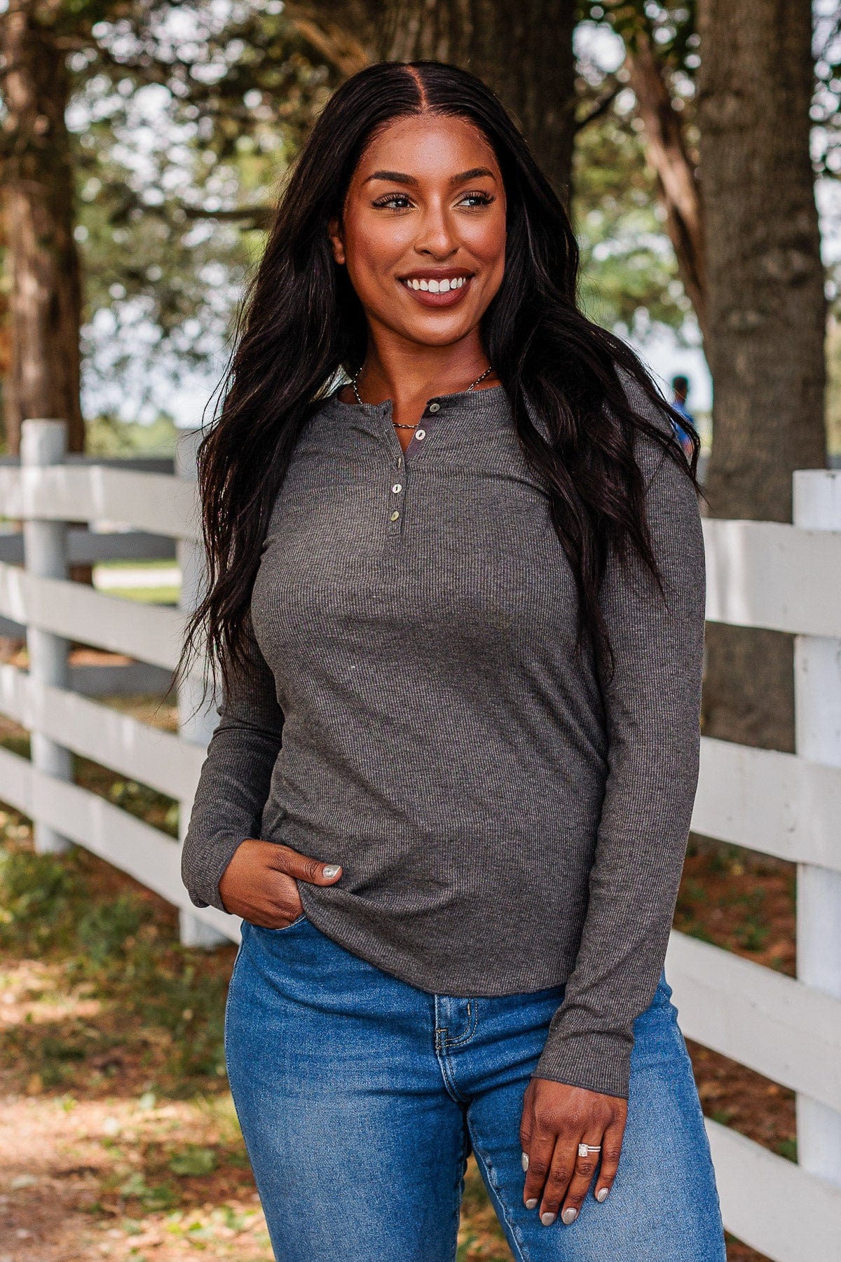 Rise To The Top Long Sleeve Henley Top- Charcoal - Image 6