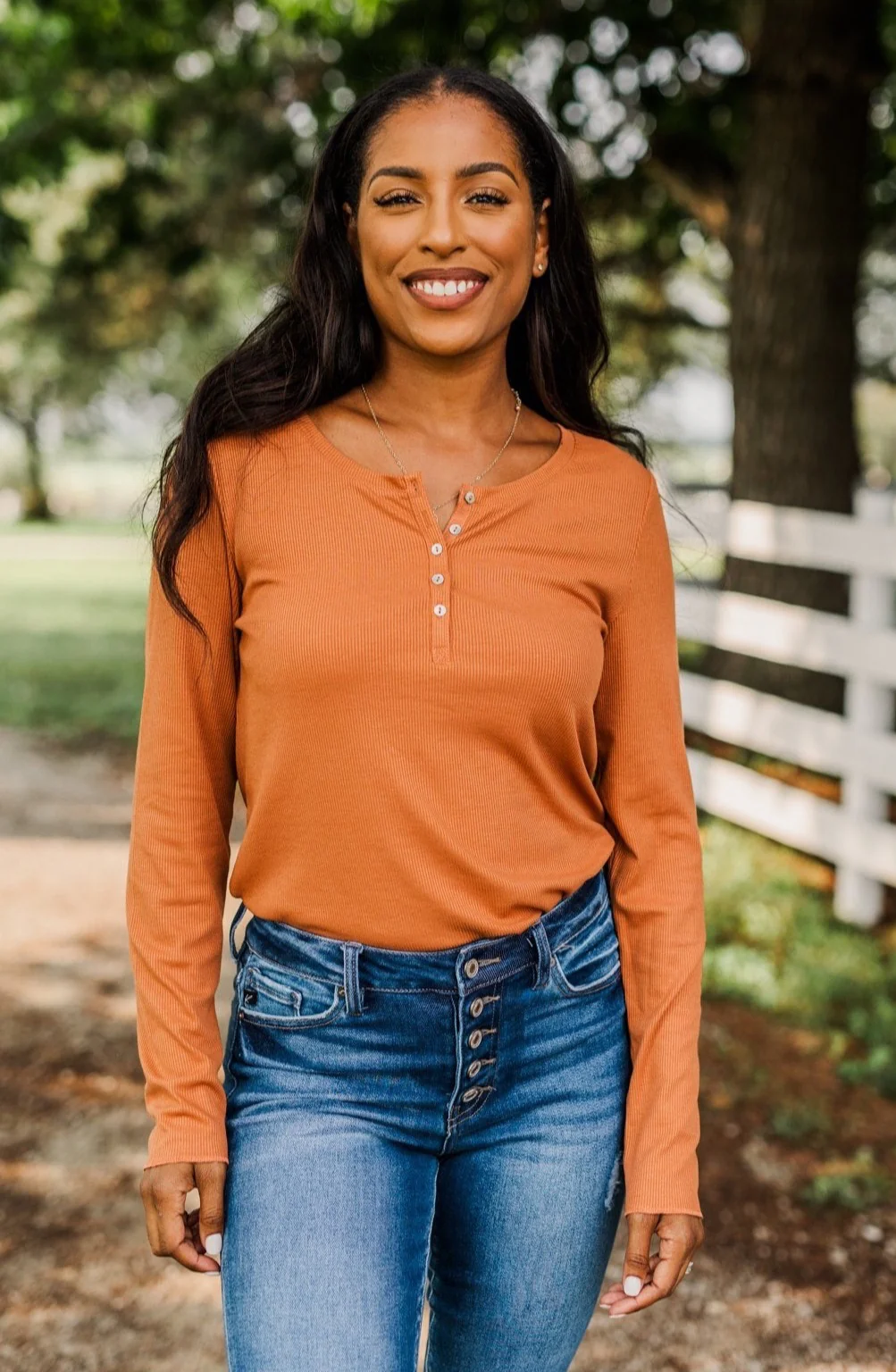 Rise To The Top Long Sleeve Henley Top- Dark Camel - Image 2
