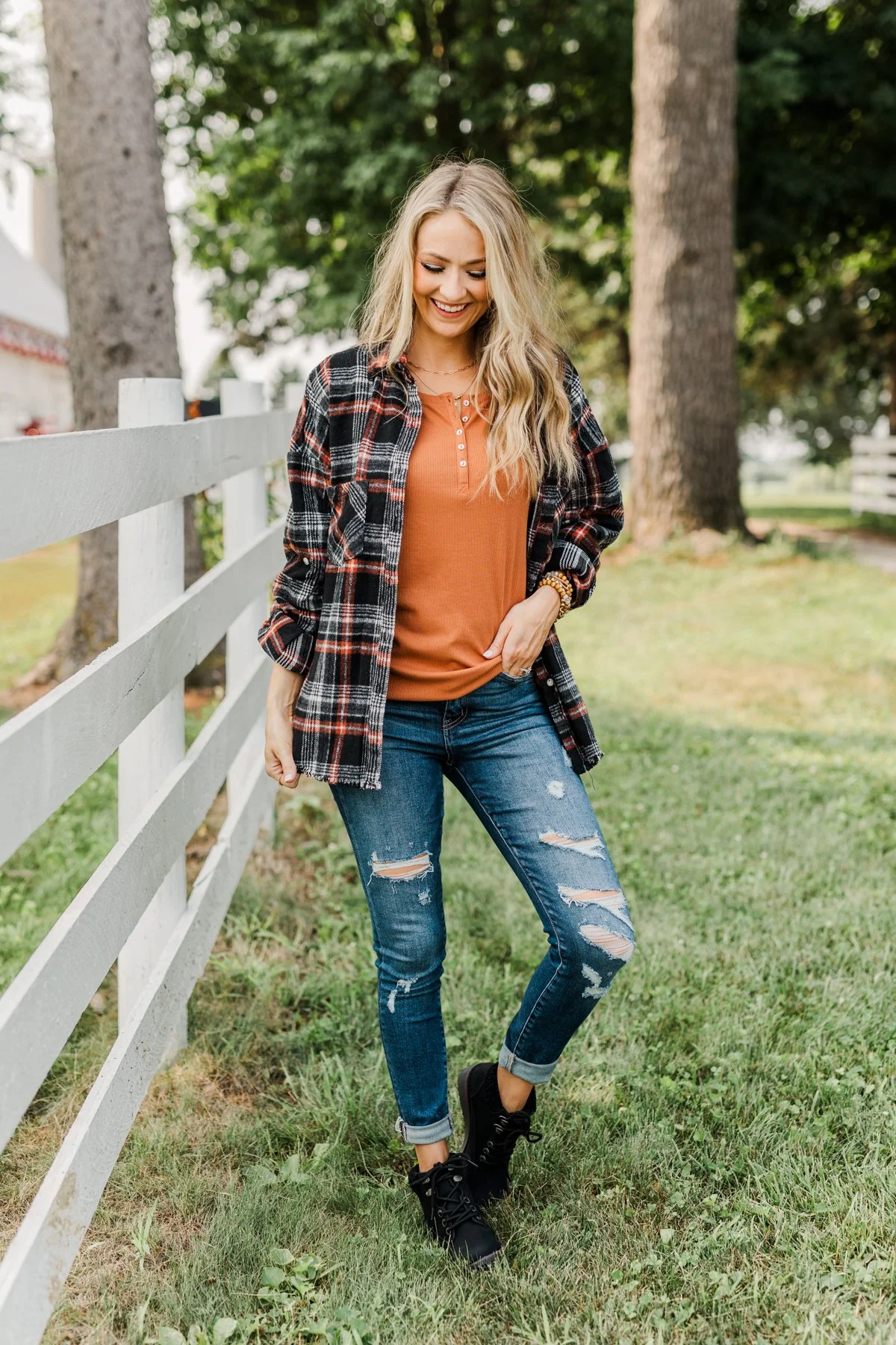 Rise To The Top Long Sleeve Henley Top- Dark Camel - Image 5