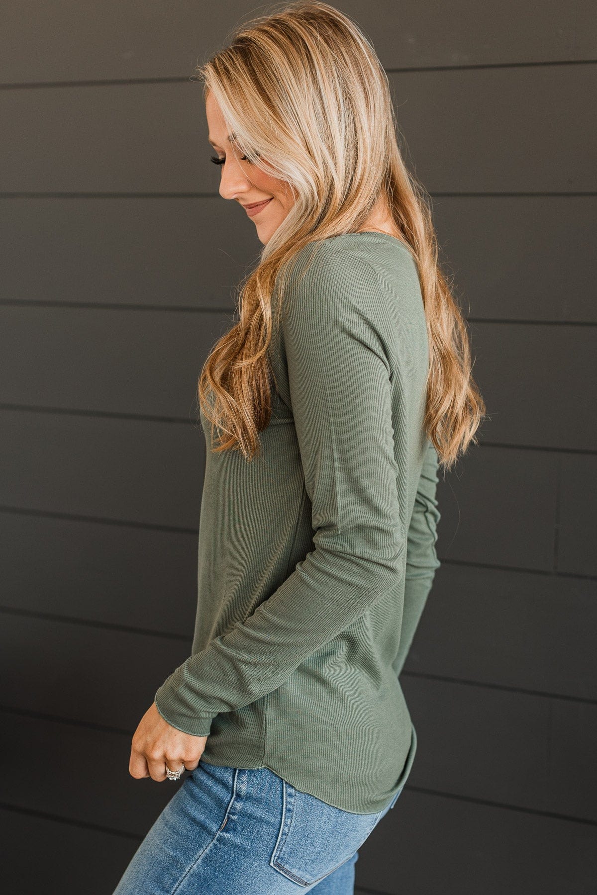 Rise To The Top Long Sleeve Henley Top- Dark Sage - Image 3