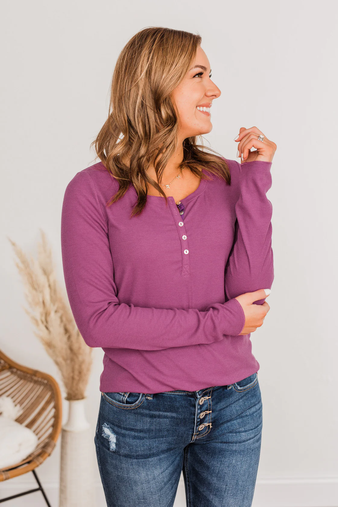 Rise To The Top Long Sleeve Henley Top- Deep Purple - Image 3