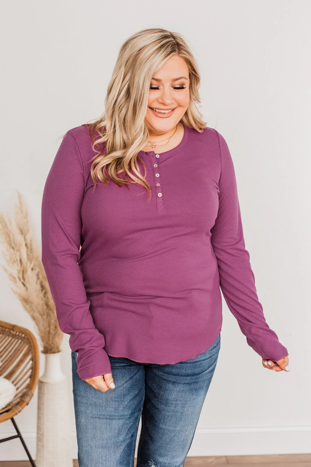 Rise To The Top Long Sleeve Henley Top- Deep Purple - Image 4