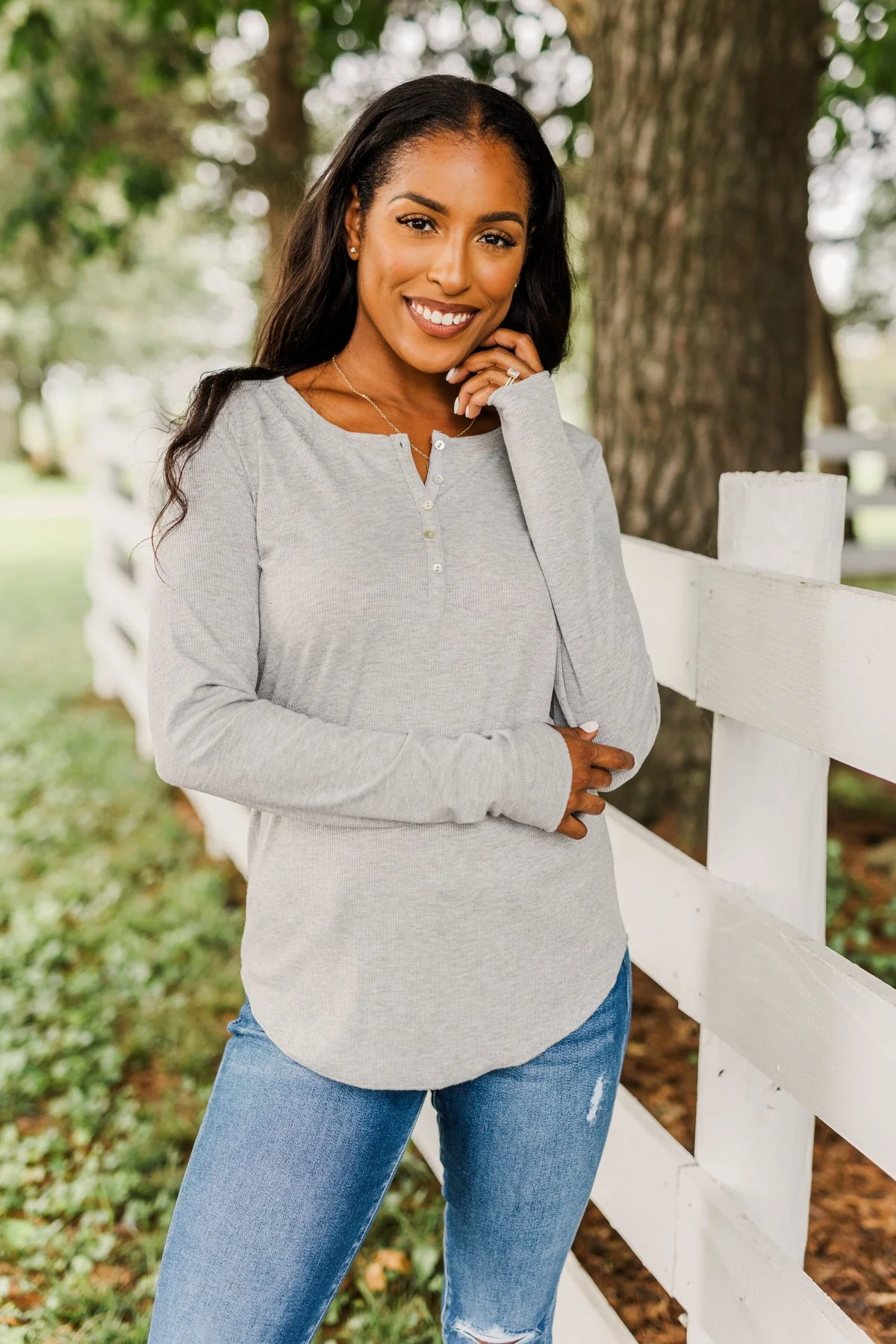 Rise To The Top Long Sleeve Henley Top- Heather Gray - Image 4