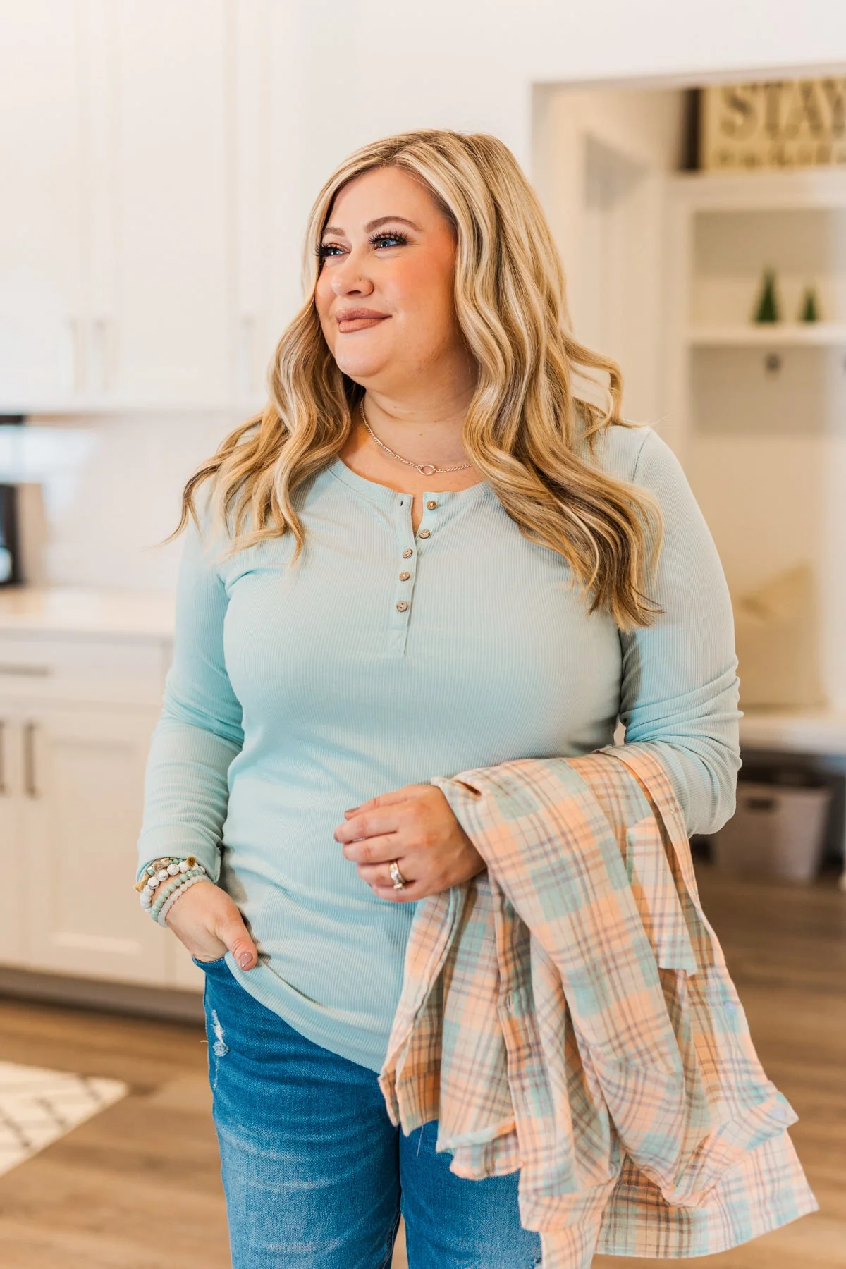 Rise To The Top Long Sleeve Henley Top- Light Mint - Image 4