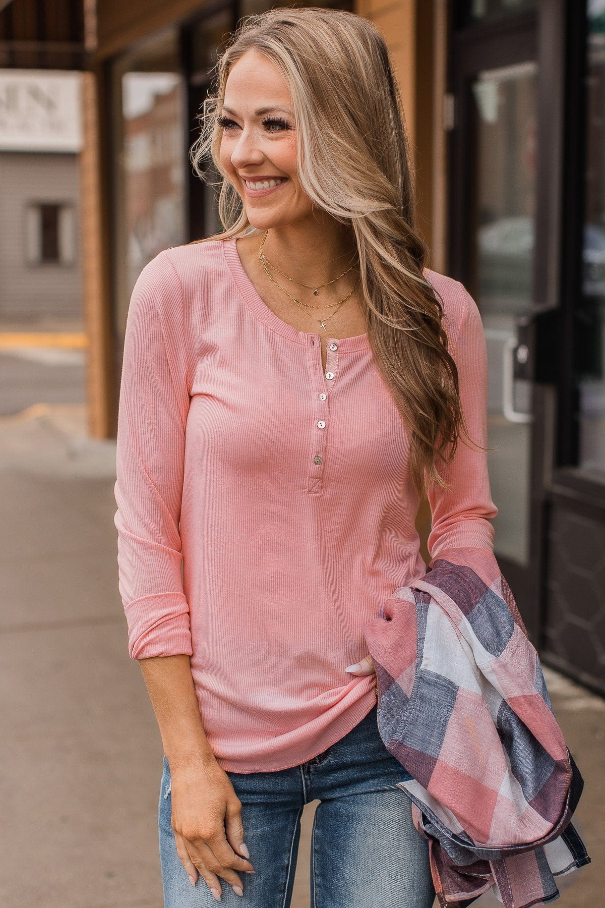 Rise To The Top Long Sleeve Henley Top- Pink - Image 3