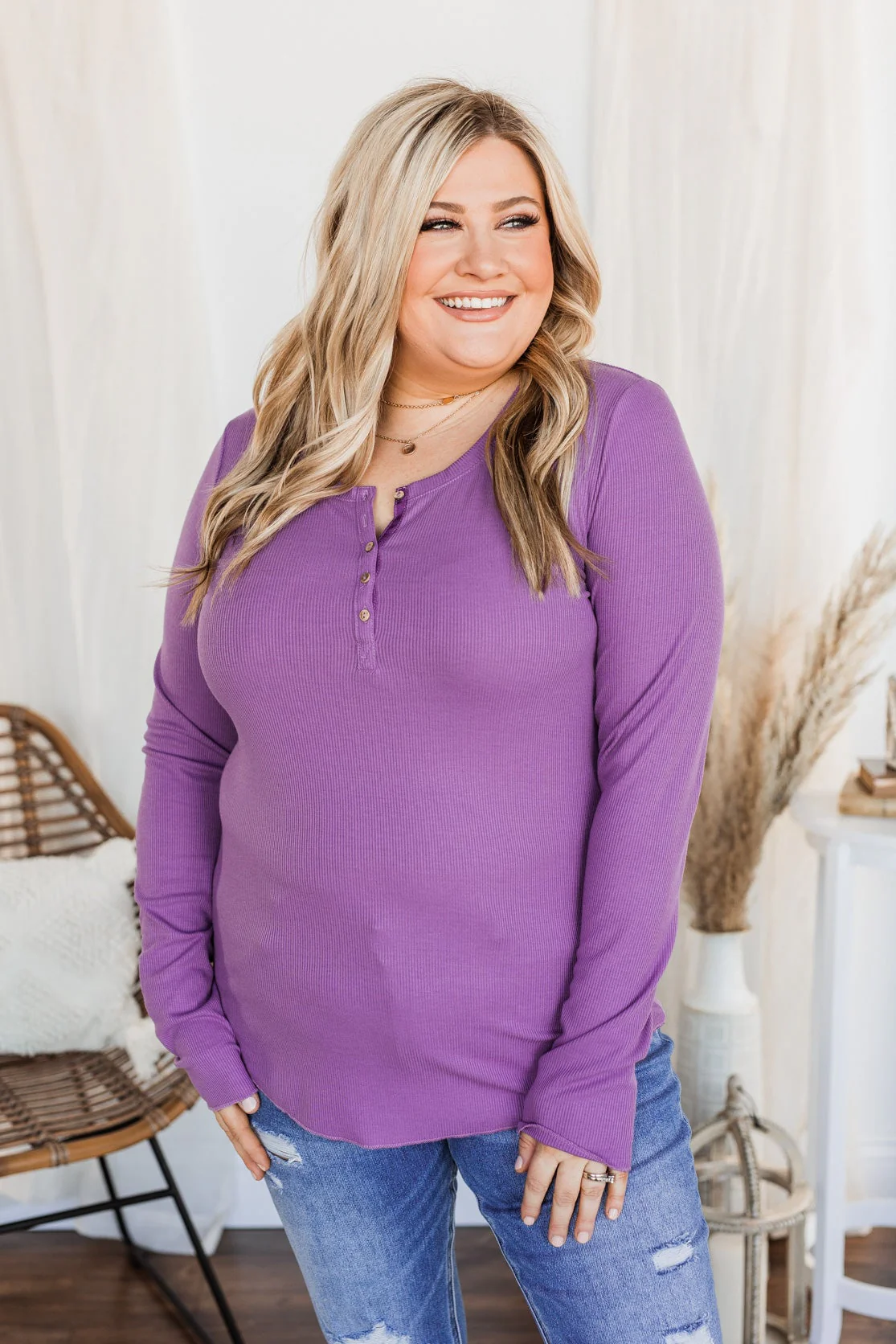 Rise To The Top Long Sleeve Henley Top- Purple - Image 2