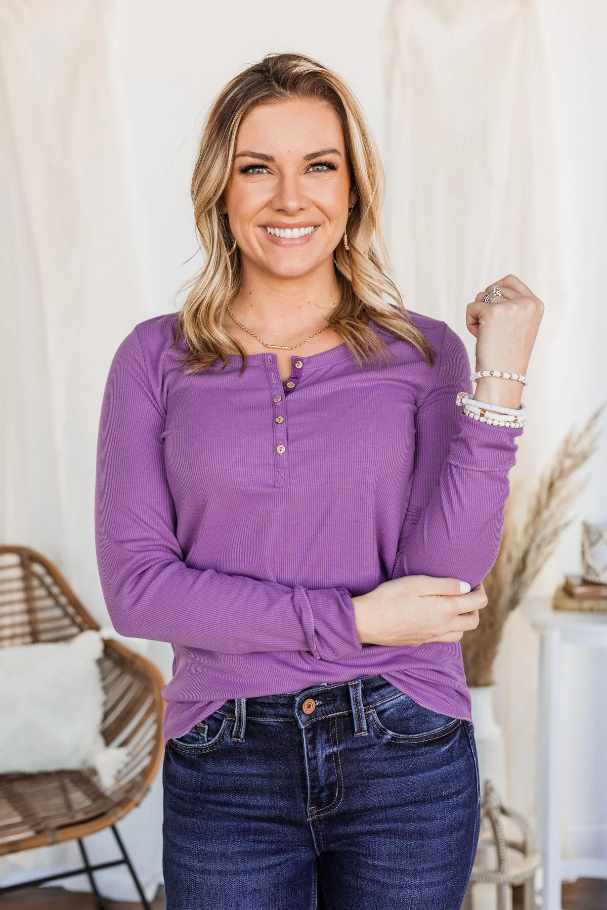 Rise To The Top Long Sleeve Henley Top- Purple - Image 3