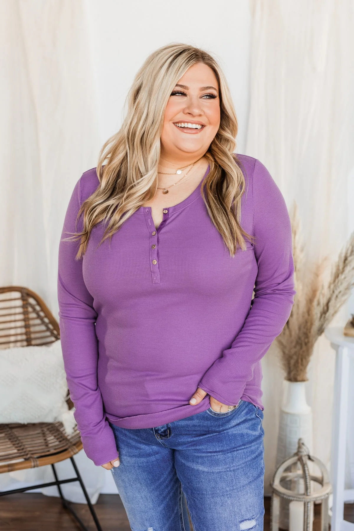 Rise To The Top Long Sleeve Henley Top- Purple - Image 4