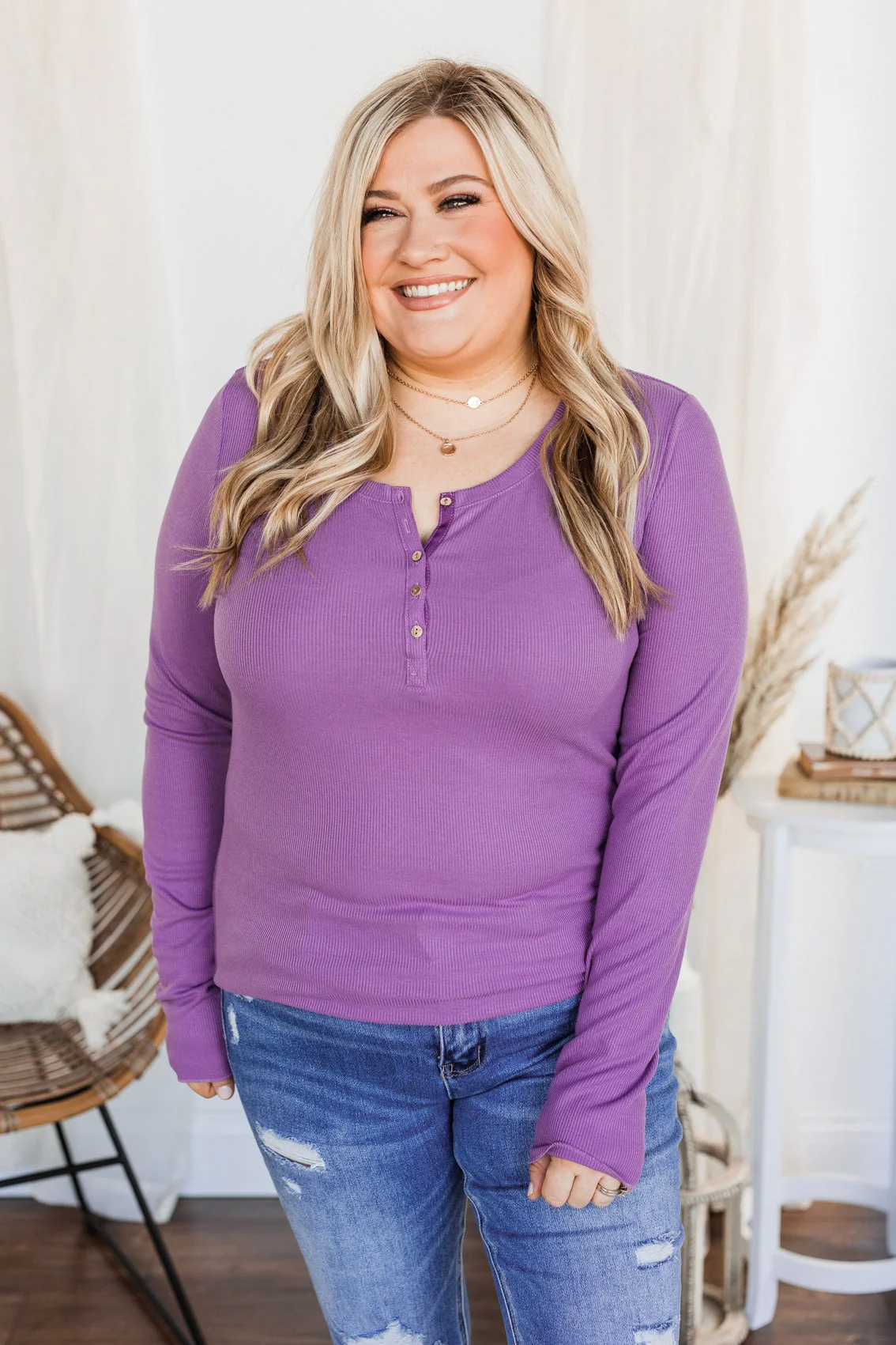 Rise To The Top Long Sleeve Henley Top- Purple - Image 6