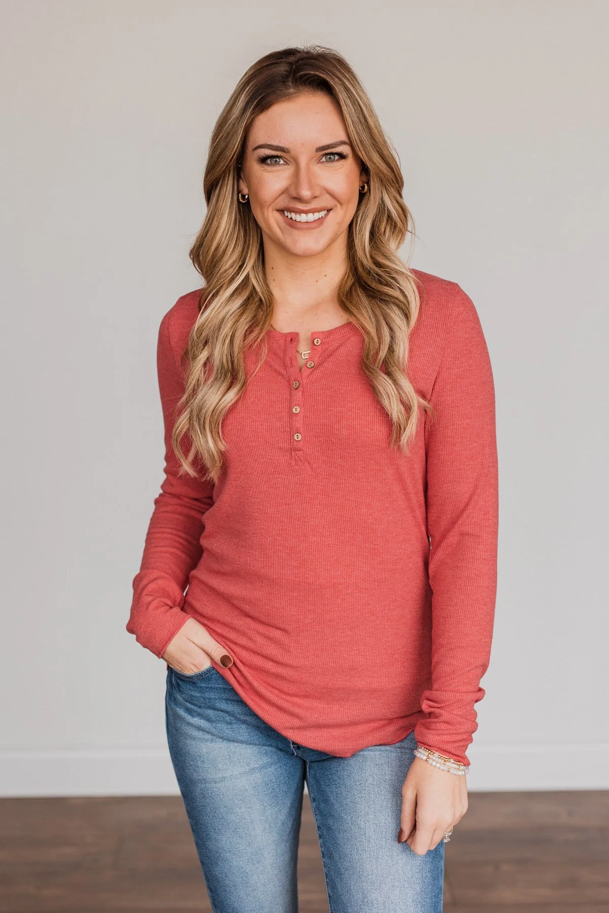 Rise To The Top Long Sleeve Henley Top- Winter Red - Image 2