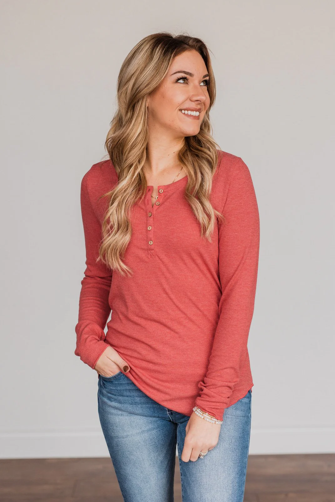 Rise To The Top Long Sleeve Henley Top- Winter Red - Image 7