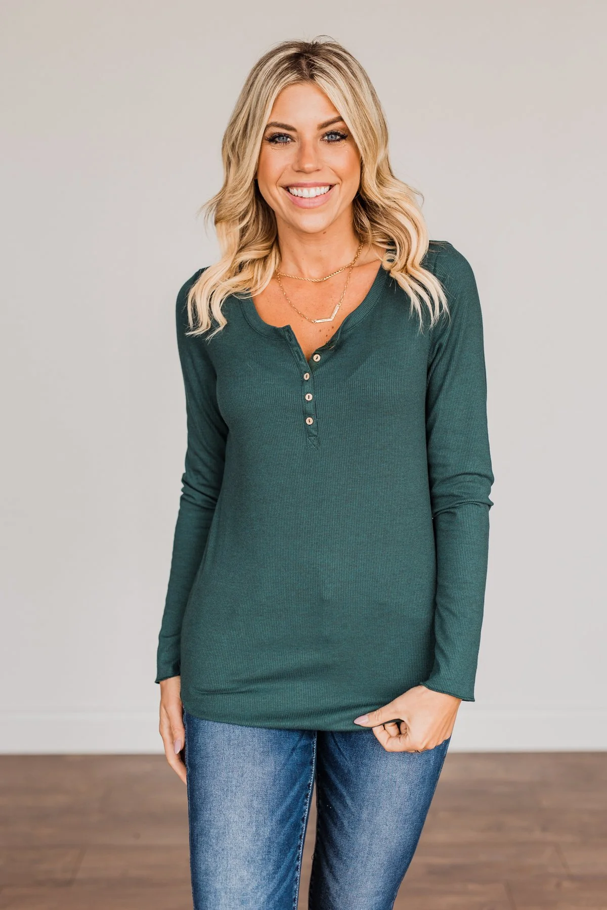 Rise To The Top Long Sleeve Henley Top- Wintergreen - Image 3
