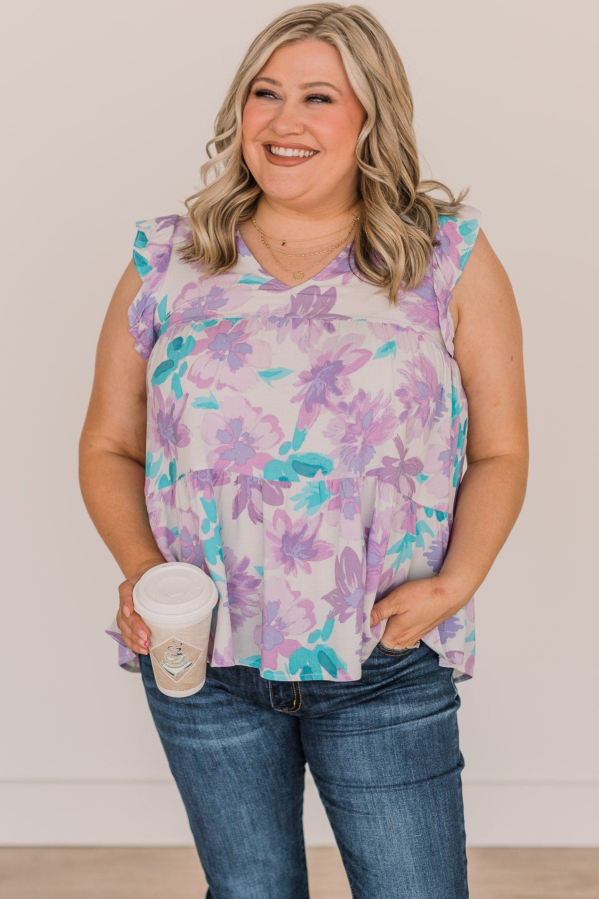 Rising Above Flutter Sleeve Blouse- Ivory & Lavender - Image 3