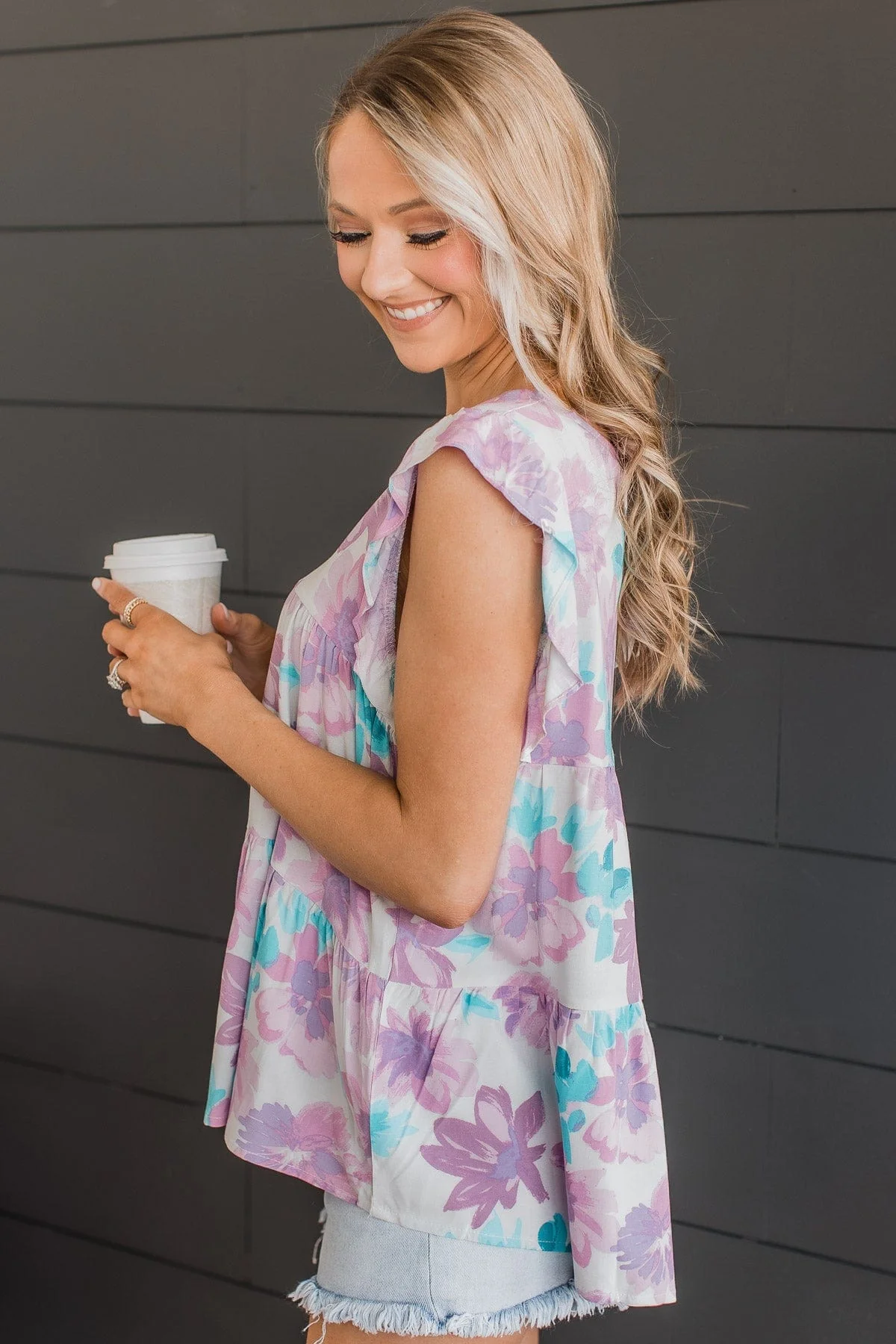 Rising Above Flutter Sleeve Blouse- Ivory & Lavender - Image 4
