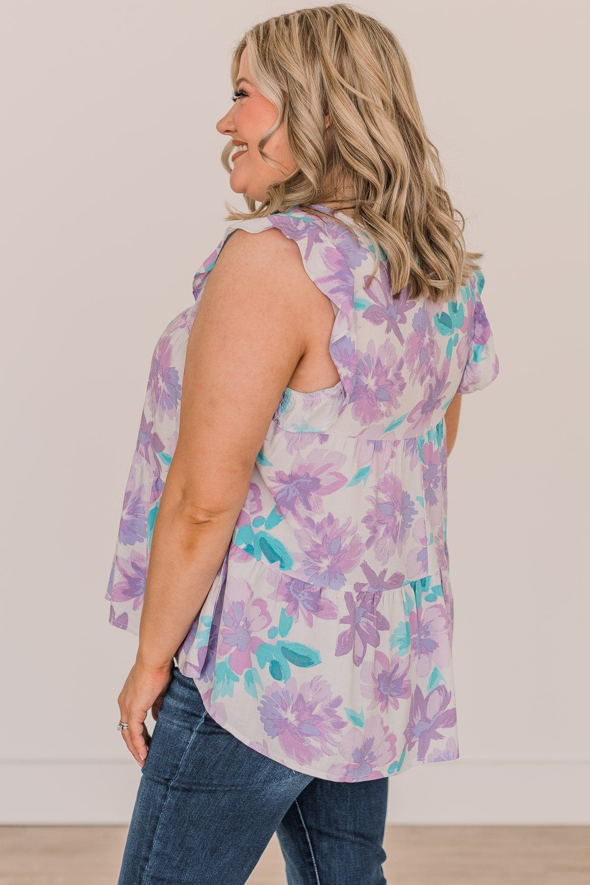 Rising Above Flutter Sleeve Blouse- Ivory & Lavender - Image 5