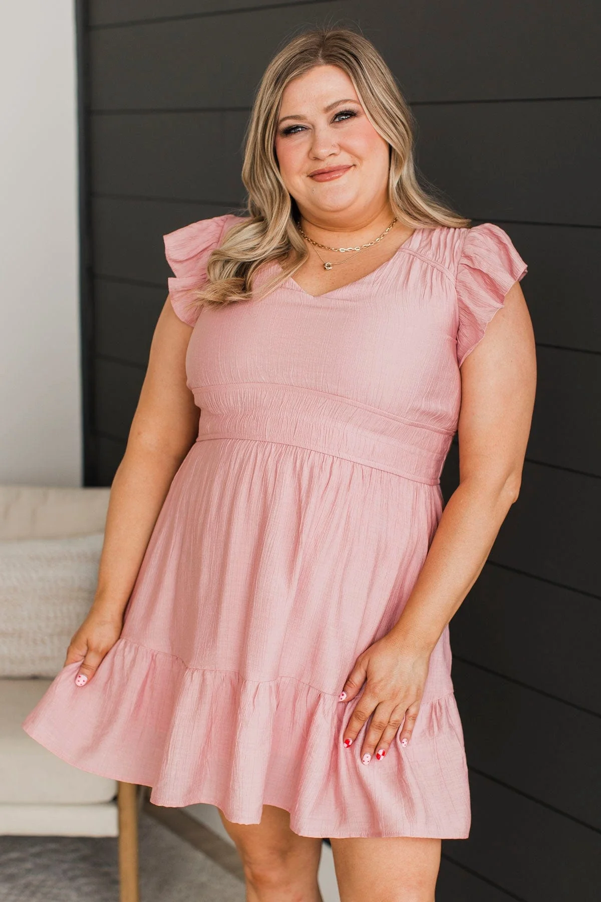 Riveting Beauty Ruffle Sleeve Mini Dress- Pink
