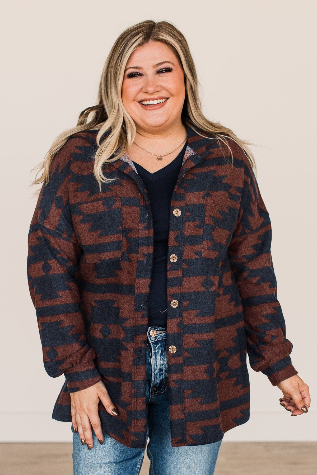Road Less Traveled Aztec Button Top- Copper & Navy - Image 4