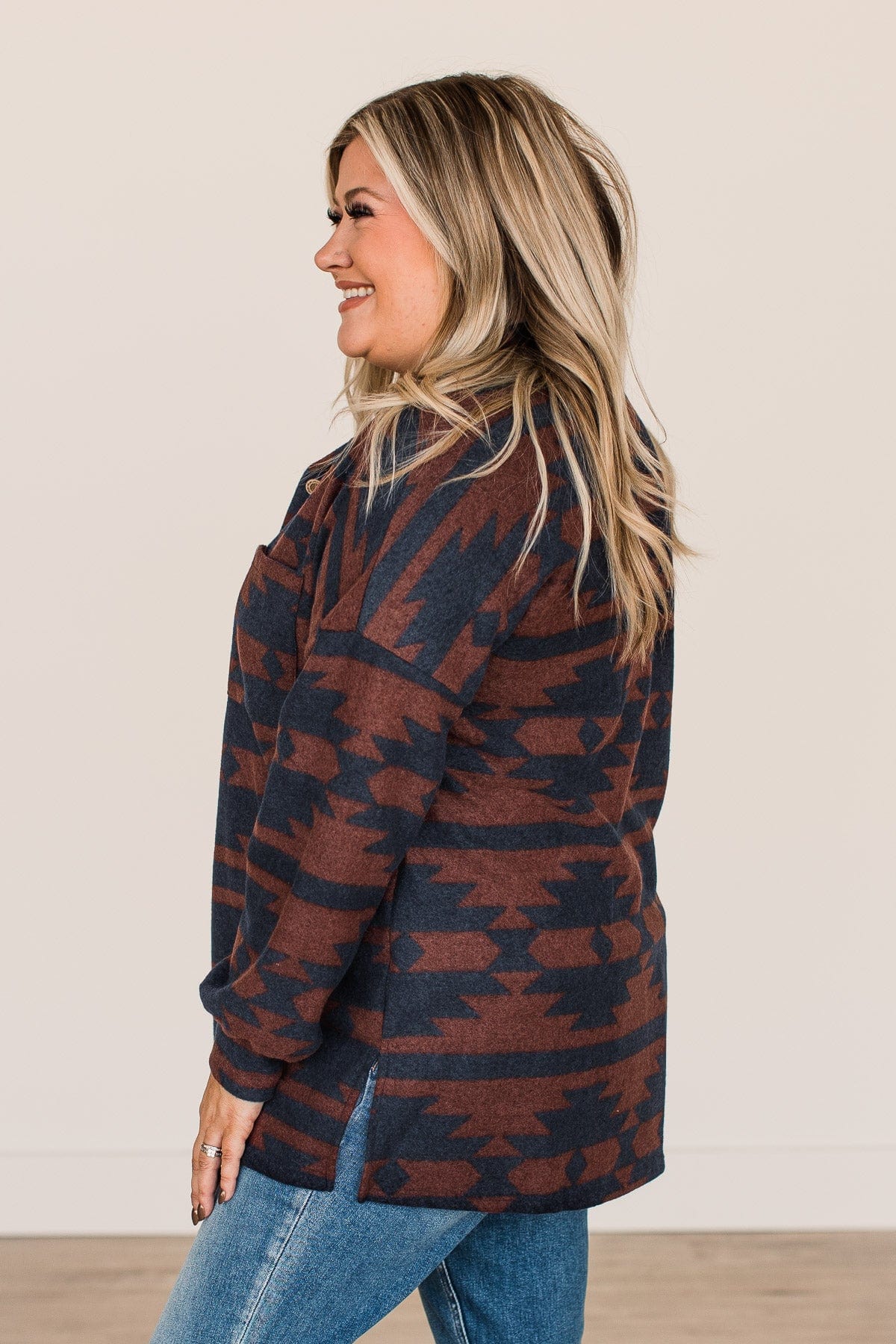 Road Less Traveled Aztec Button Top- Copper & Navy - Image 6
