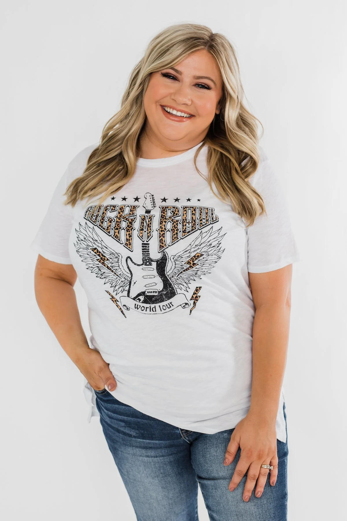 "Rock N Roll" Leopard Graphic Top- Off White - Image 2