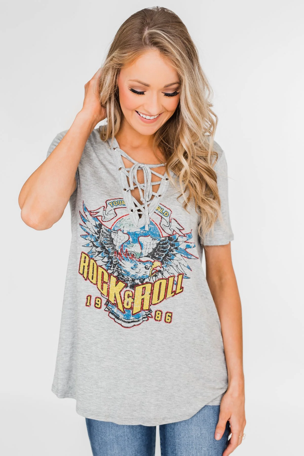 Rock & Roll Lace Up Short Sleeve Top- Grey - Image 10