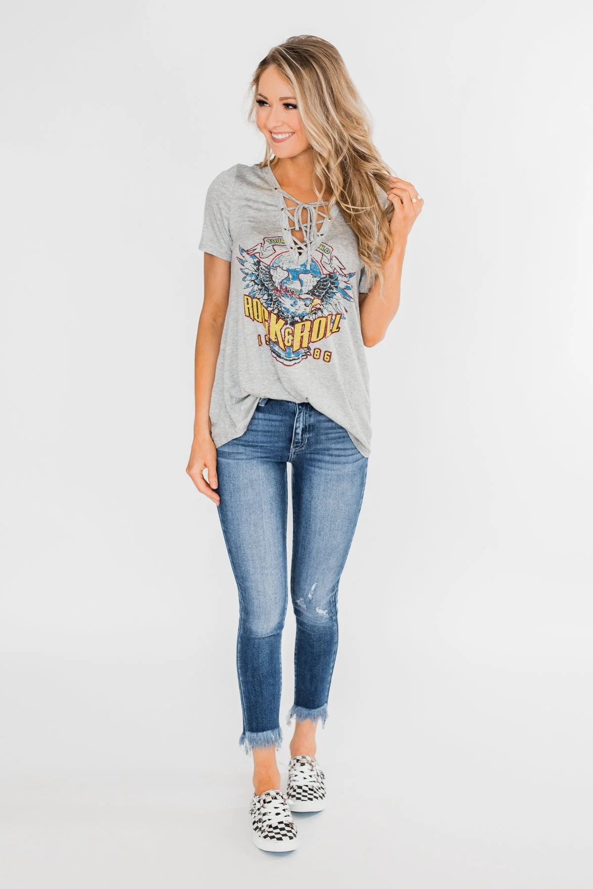 Rock & Roll Lace Up Short Sleeve Top- Grey - Image 3