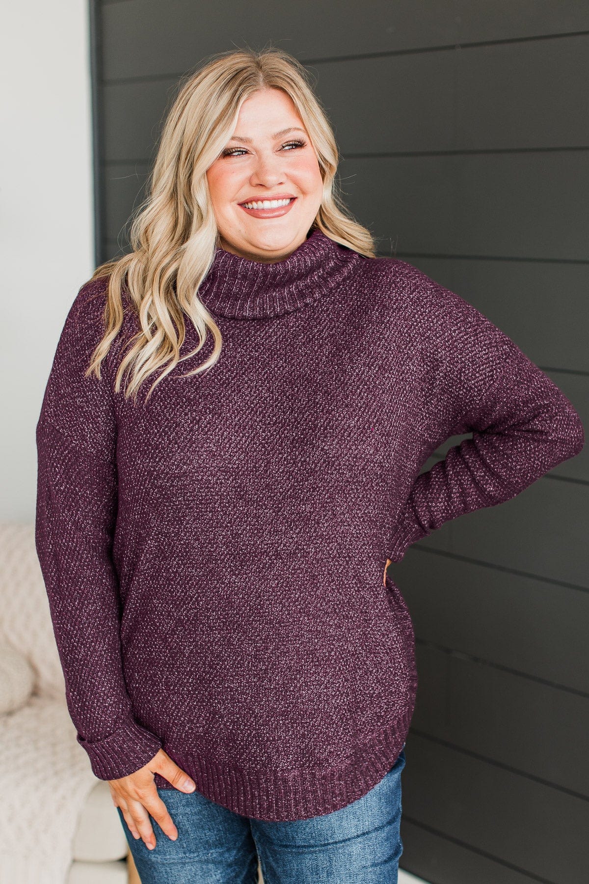 Romance Awaits Turtle Neck Sweater- Dark Plum - Image 2
