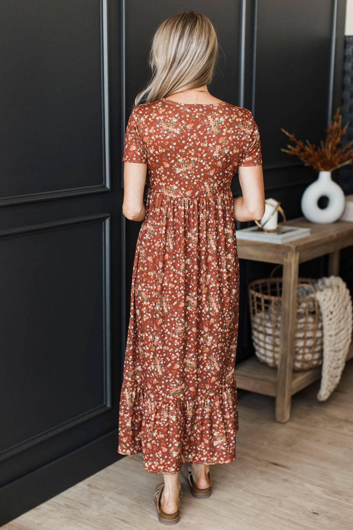 Romantic Days Floral Midi Dress- Rust Brown - Image 7