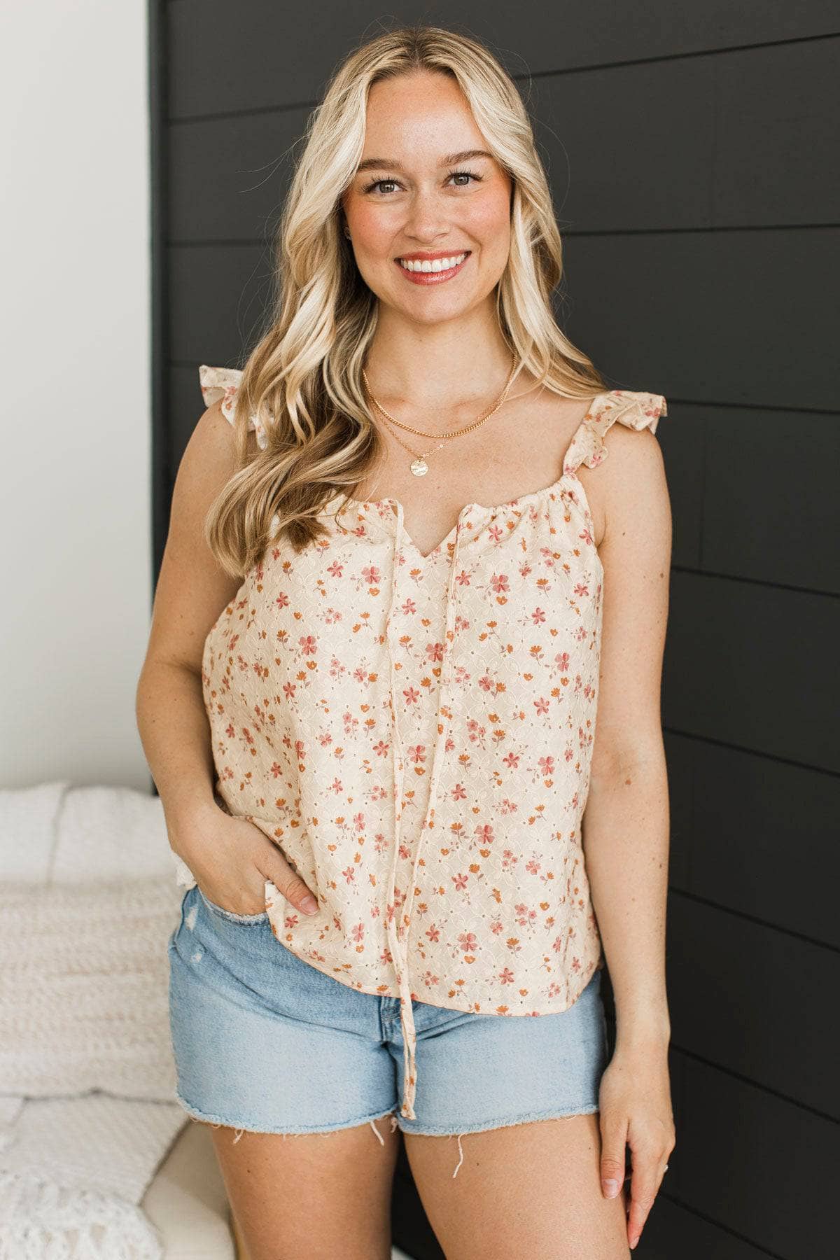 Romantic Florals Ruffle Tank Top- Cream - Image 2