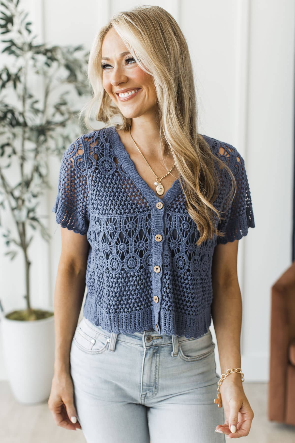 Romantic Haze Crochet Knit Button Up Top- Dark Denim - Image 4