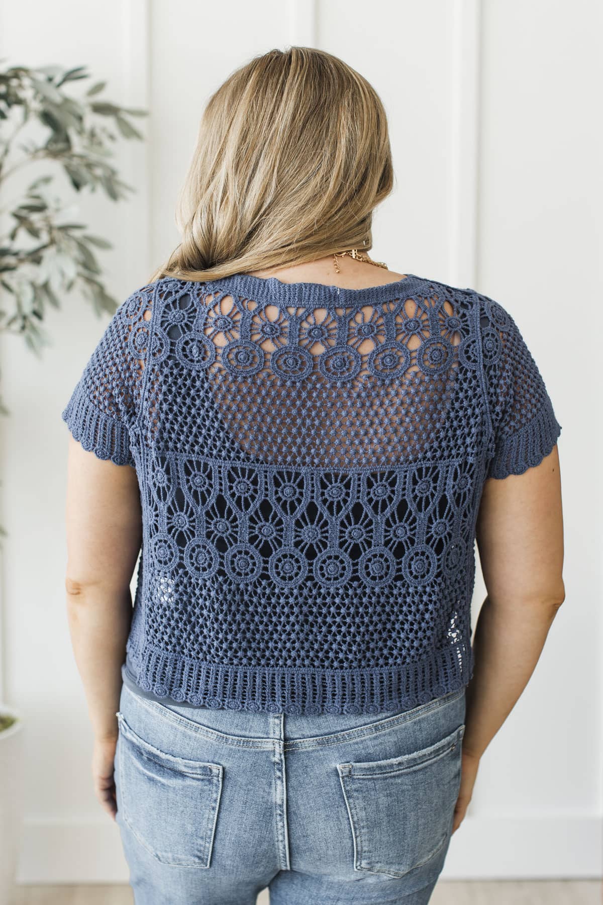 Romantic Haze Crochet Knit Button Up Top- Dark Denim - Image 7