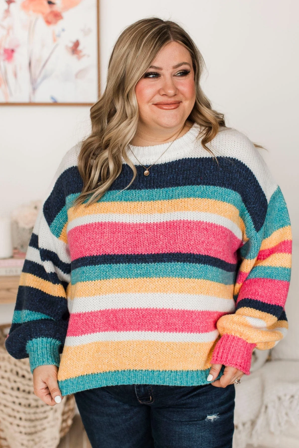 Romantic Heart Striped Sweater- Navy, Pink, & Ivory - Image 3