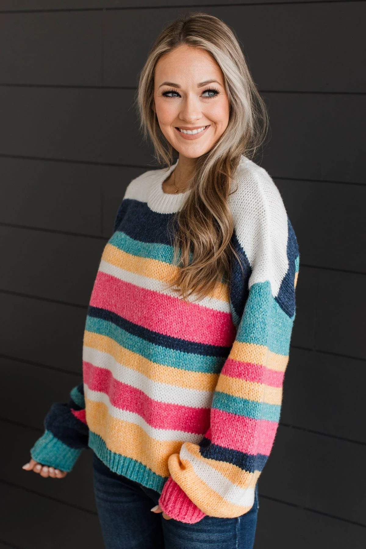 Romantic Heart Striped Sweater- Navy, Pink, & Ivory - Image 4