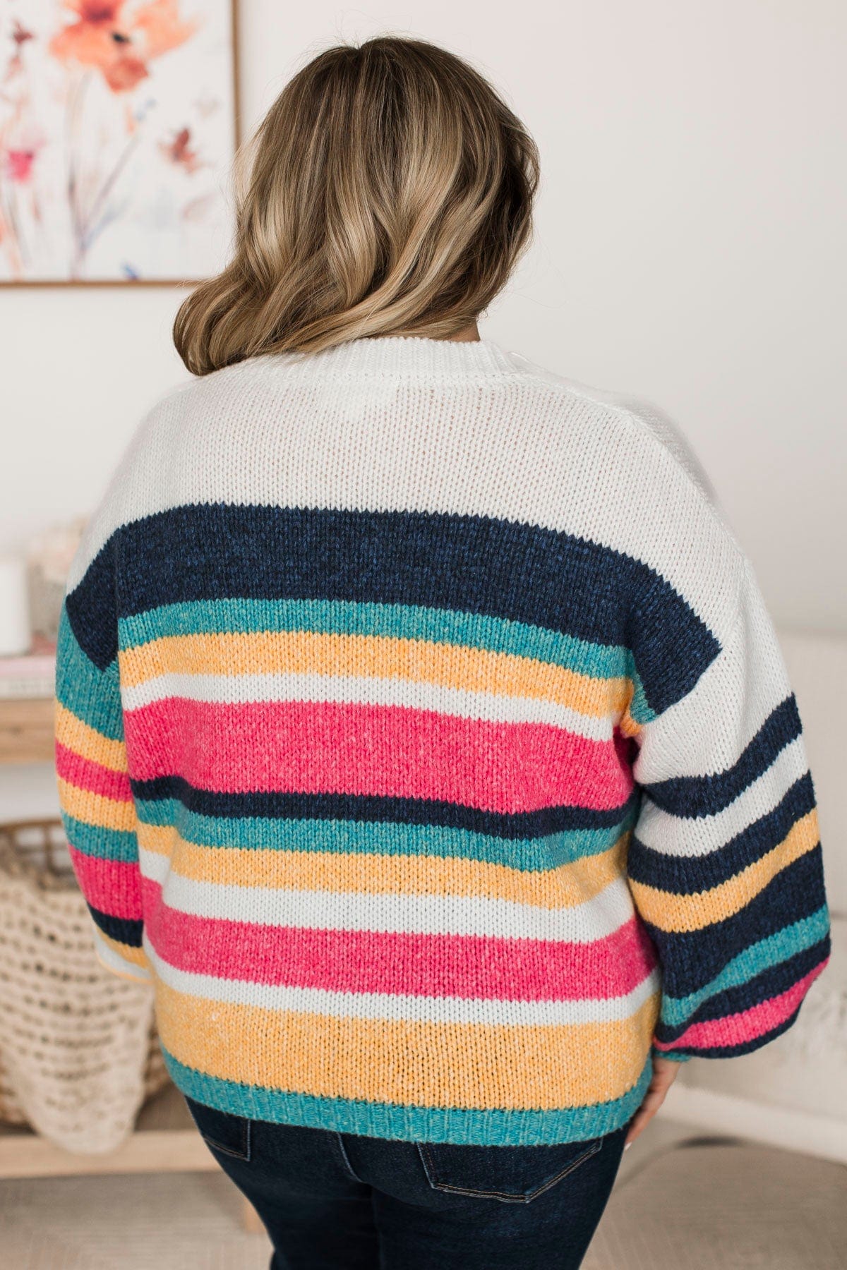 Romantic Heart Striped Sweater- Navy, Pink, & Ivory - Image 7
