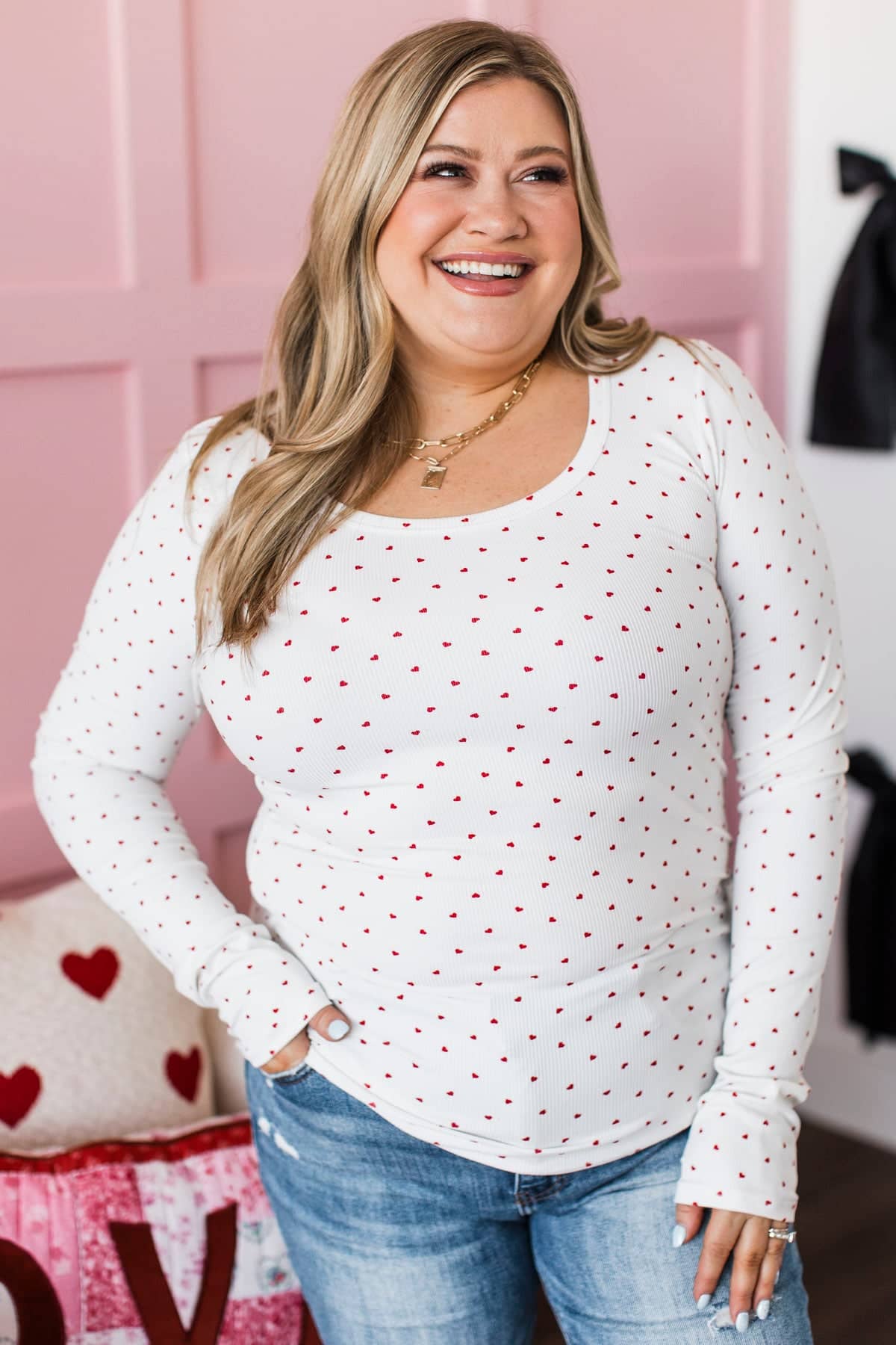 Romantic Laughs Ribbed Heart Print Top- Ivory & Red - Image 2