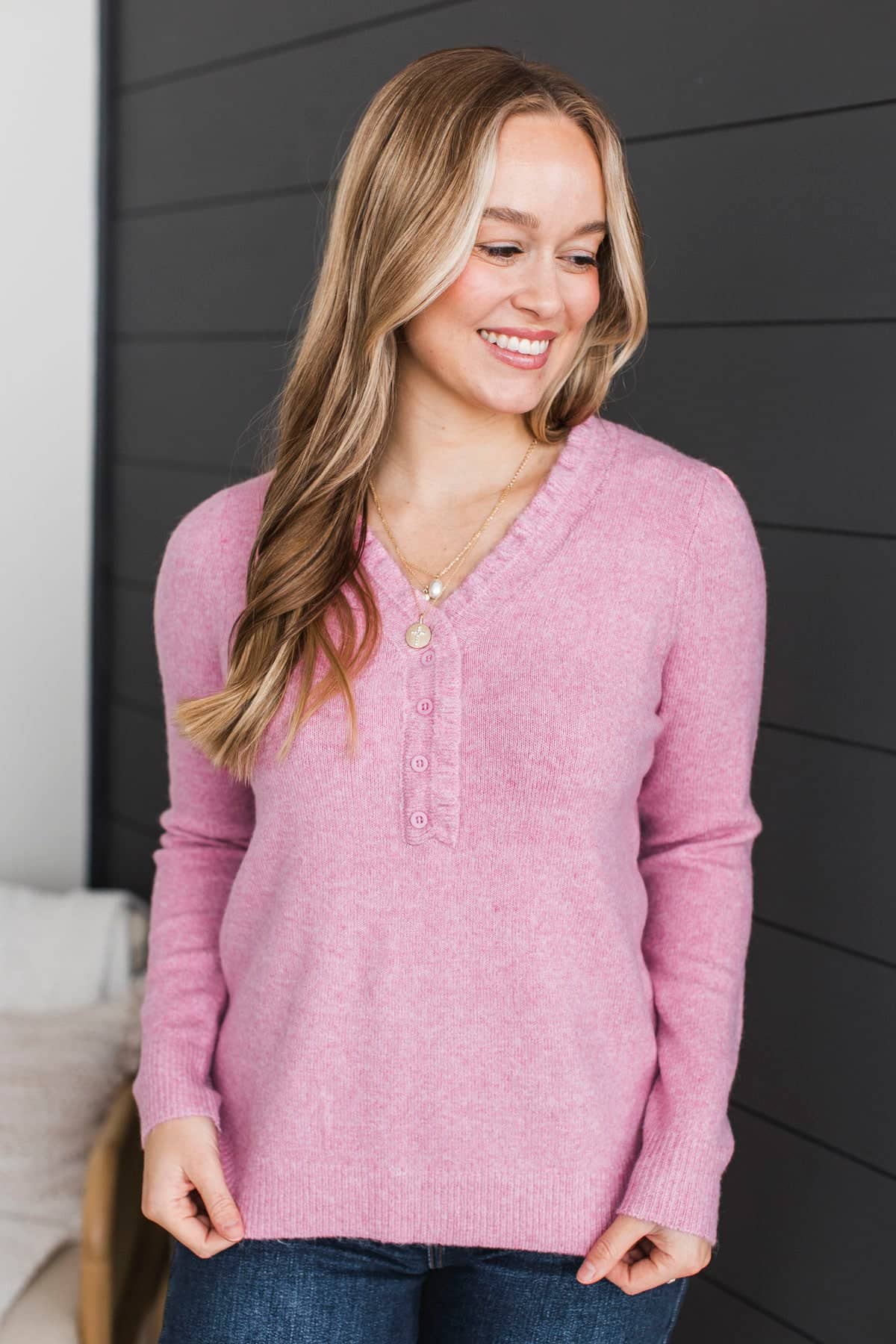 Romantic Love Ruffle V-Neck Sweater- Pink