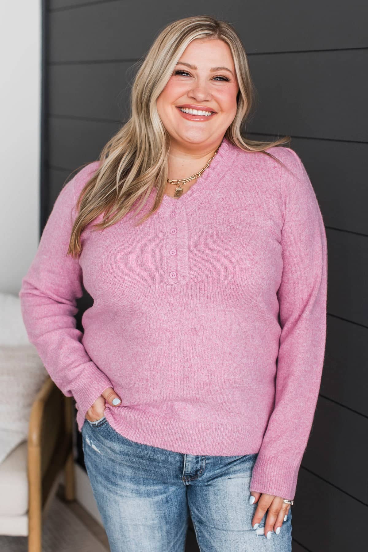 Romantic Love Ruffle V-Neck Sweater- Pink - Image 2