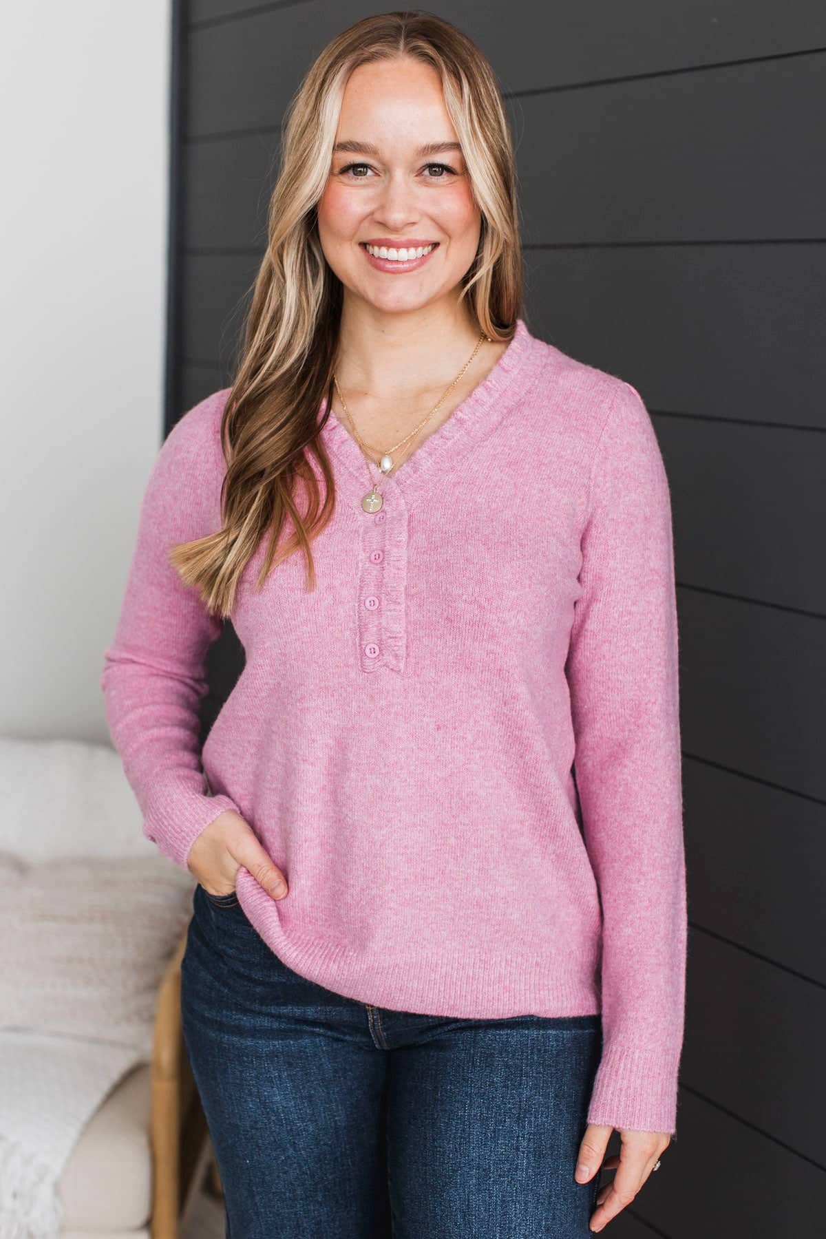 Romantic Love Ruffle V-Neck Sweater- Pink - Image 3